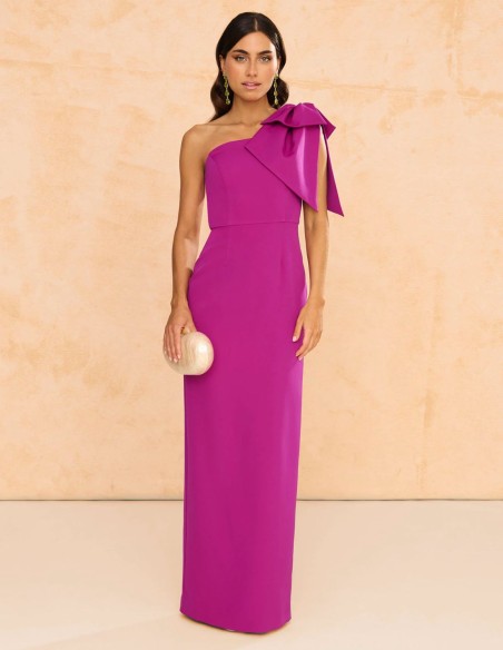 Vestido largo de fiesta con maxi lazo buganvilla para invitada