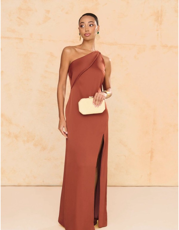 Terracotta color crepe satin long dress with long cape