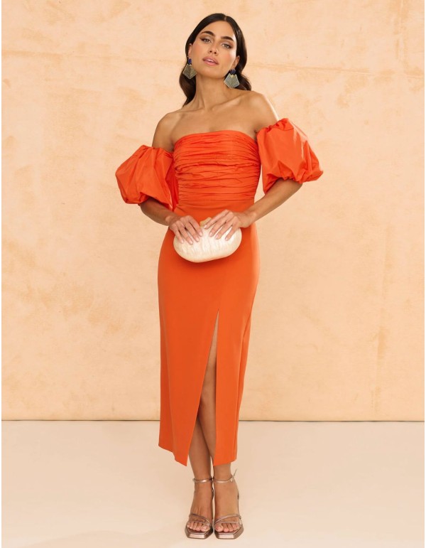 Guest midi dress with detachable puffed sleeves 2