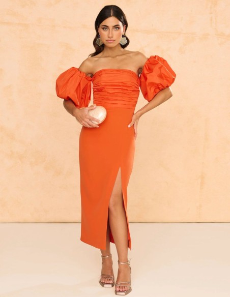Vestido midi de invitada con mangas abullonada desmontables para eventos Vestido midi de invitada con mangas abullonada desmontables para eventos