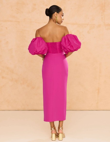 Vestido midi para invitada con mangas abullonadas y abertura para boda o comunión