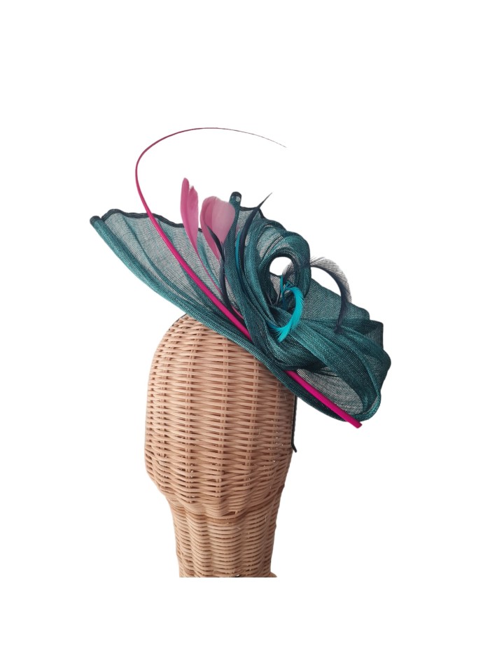 Guest headdress in petroleum silk sinamay with feathers