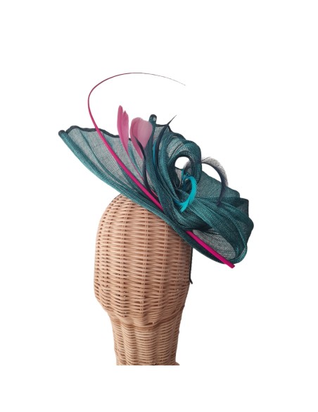 Guest headdress in petroleum silk sinamay with feathers