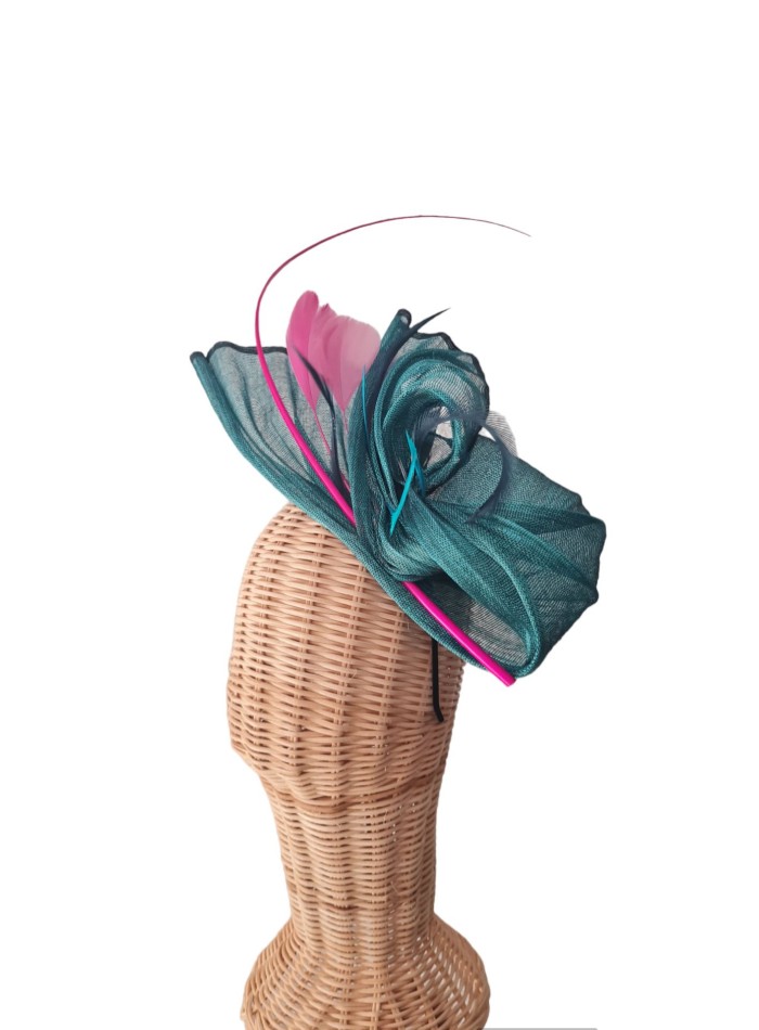 Guest headdress in petroleum silk sinamay with...