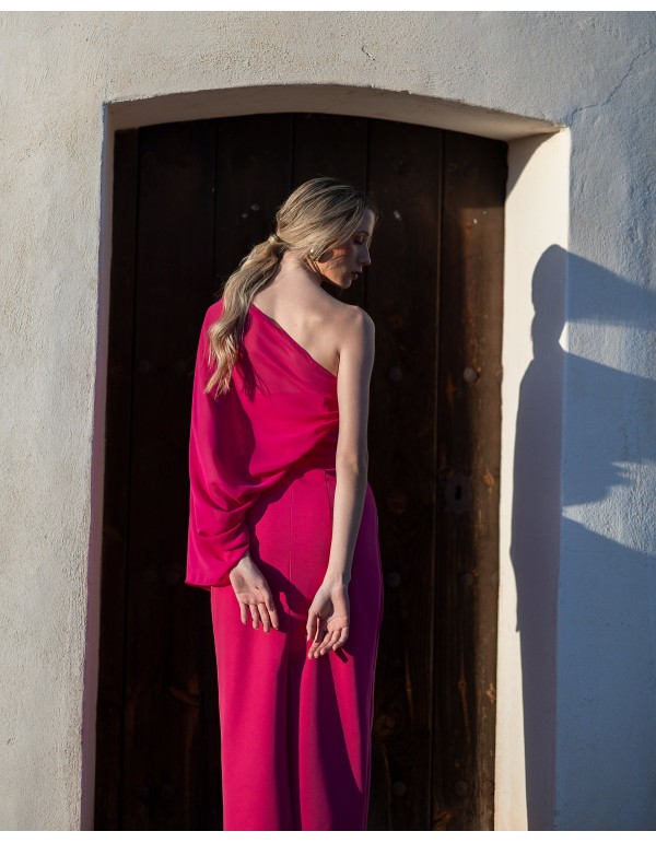 Asymmetrical midi dress with multi-position chiffon sleeves 2