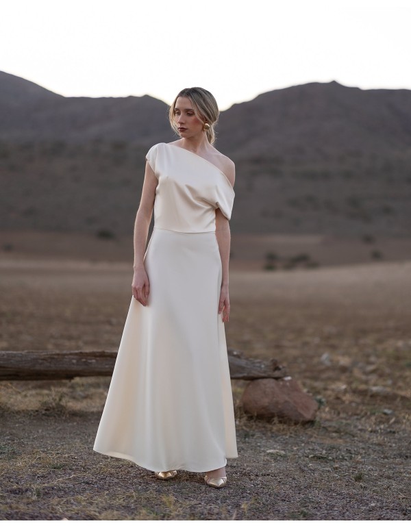 Long satin dress with cape skirt and asymmetrical bodice 2