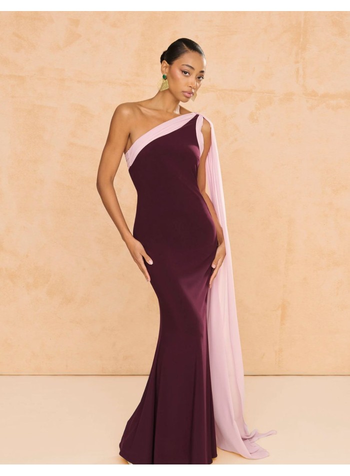 copy of Terracotta color crepe satin long dress with long cape