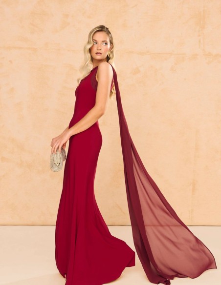 copy of Robe longue en crêpe satiné de couleur terracotta avec longue cape