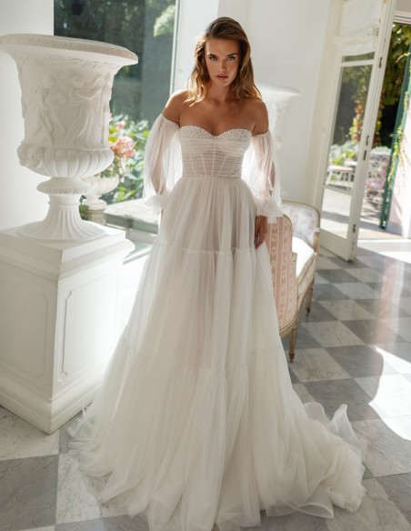Long wedding dress with corset and long Juliette sleeves