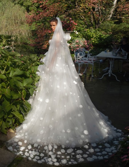 Long wedding dress with bandeau neckline and floral bodice