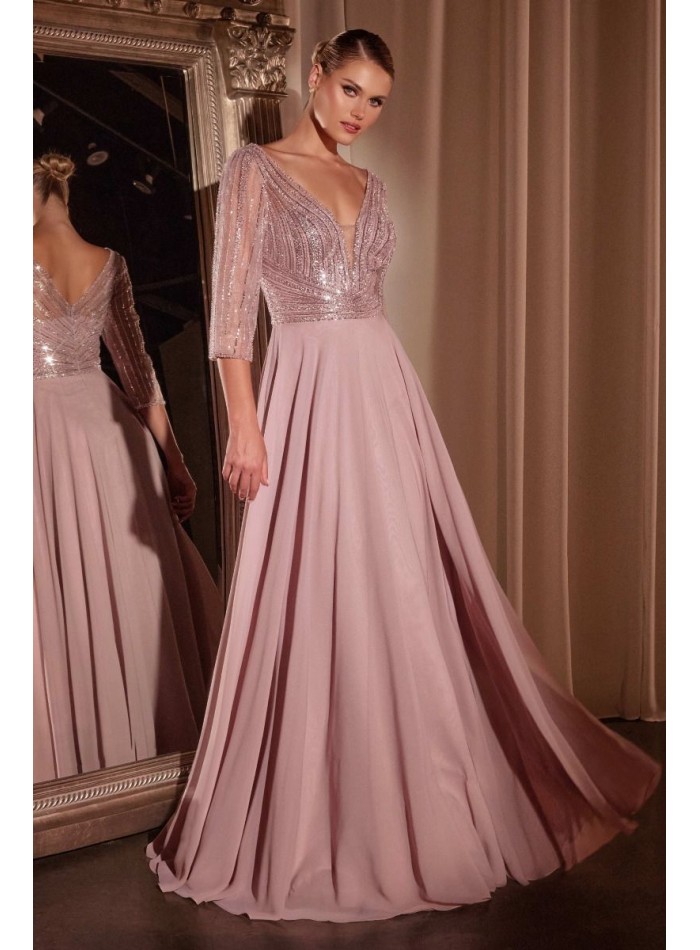 Long gown with V-neck and sleeves