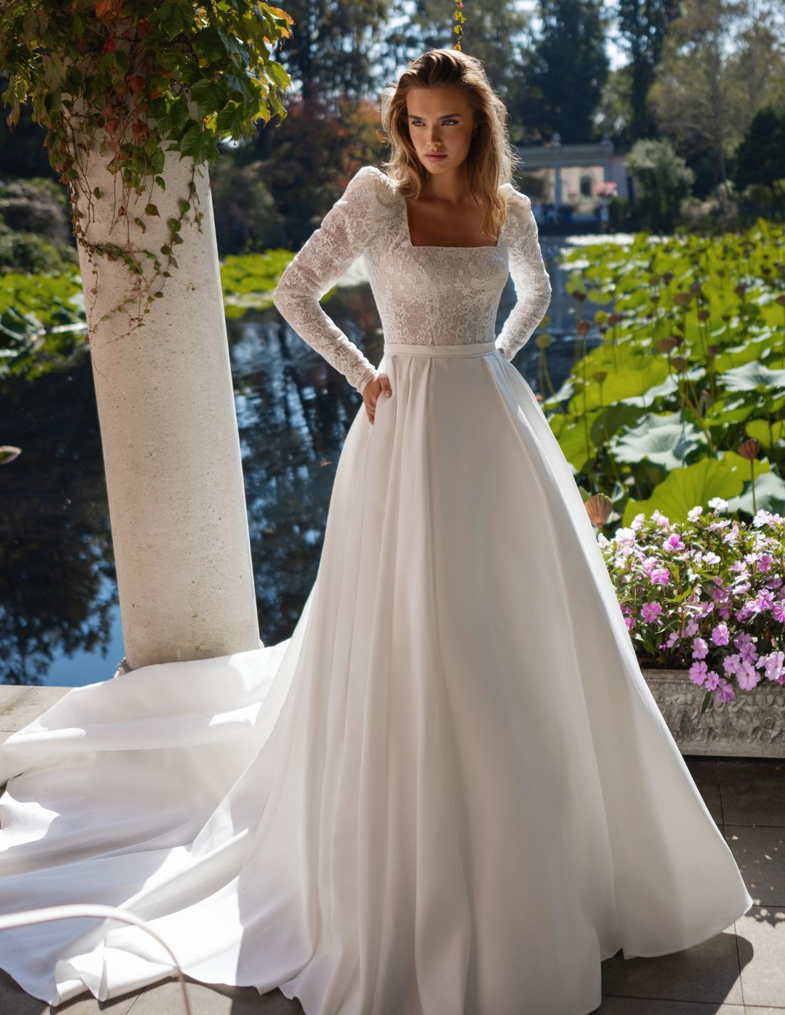 Ivory Wedding Dress In Mikado And Lace With Corset And Long Sleeves Ivory Wedding Dress In Mikado And Lace With Corset And Long Sleeves