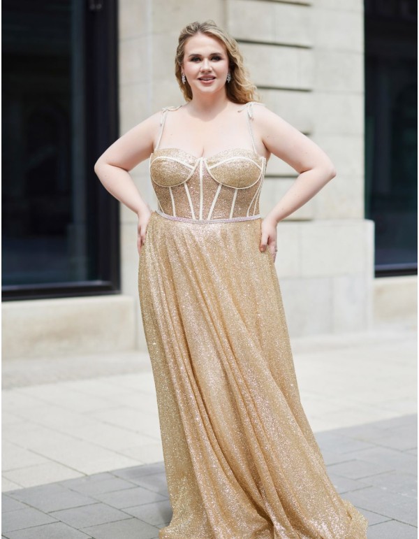 Long party dress with shiny fabric and corset bodice