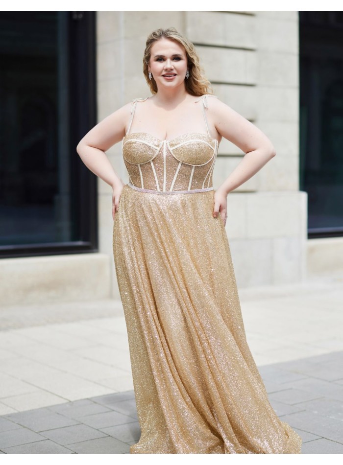 Robe de soirée longue avec tissu brillant et corset