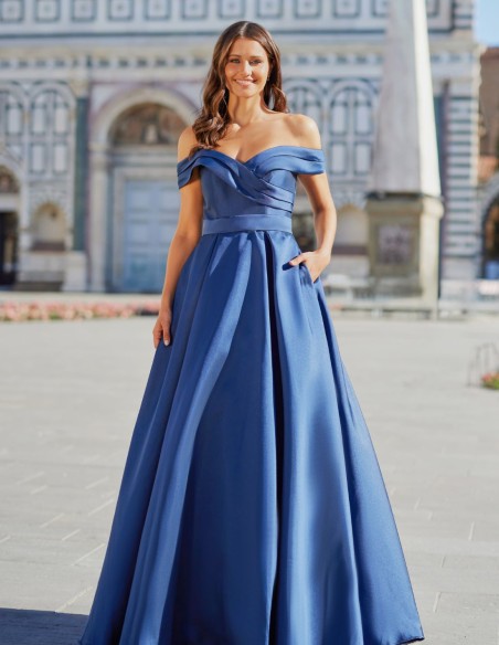 Long party dress in mikado with bardot neckline