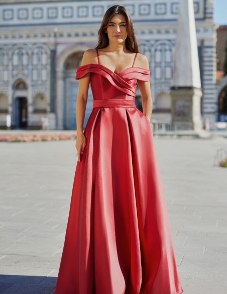 Long party dress in mikado with bardot neckline