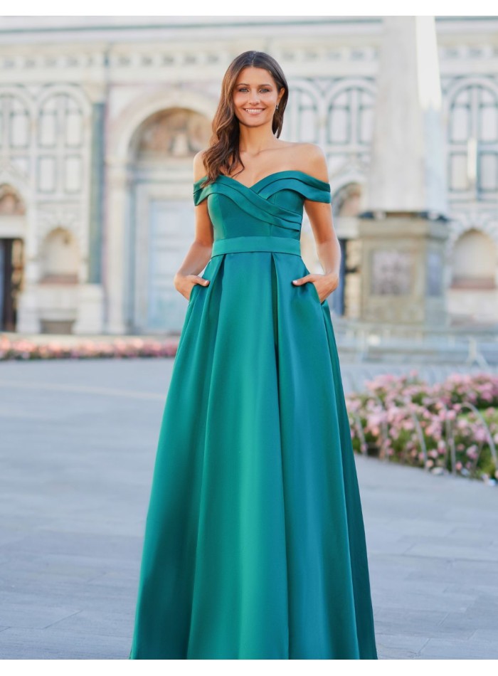 Long party dress in mikado with bardot neckline