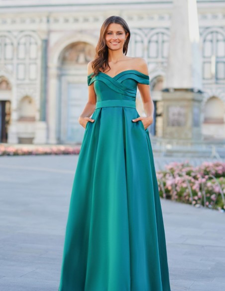 Long party dress in mikado with bardot neckline