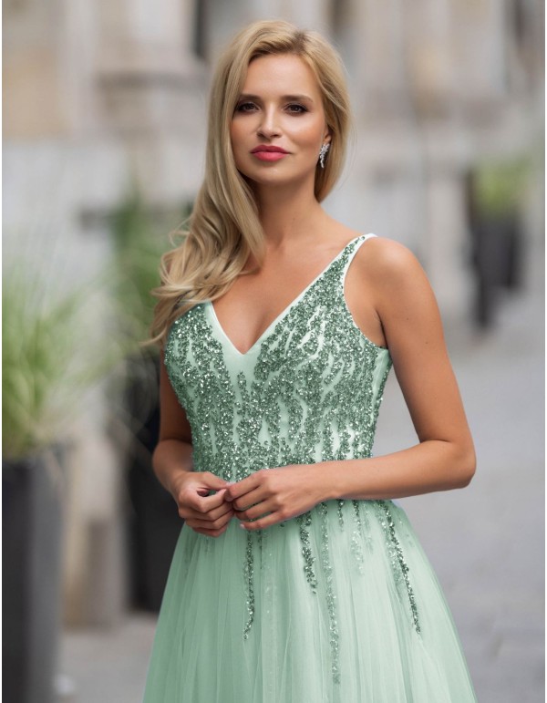 Long ball gown with tulle skirt and rhinestone bodice
