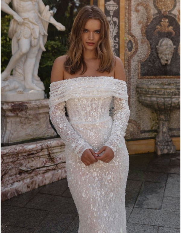 Robe de mariée sirène nude avec dentelle, traîne amovible...