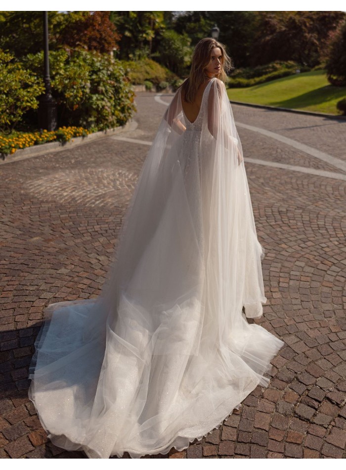 Ivory A-line wedding dress with V-neckline,...