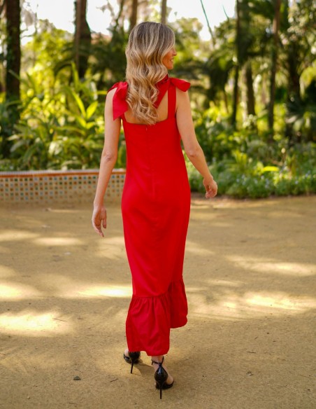 Vestido midi rojo con lazada y volante en la falda para bautizos