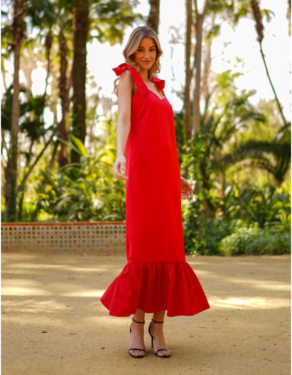 Vestido midi rojo con lazada y volante en la falda 2