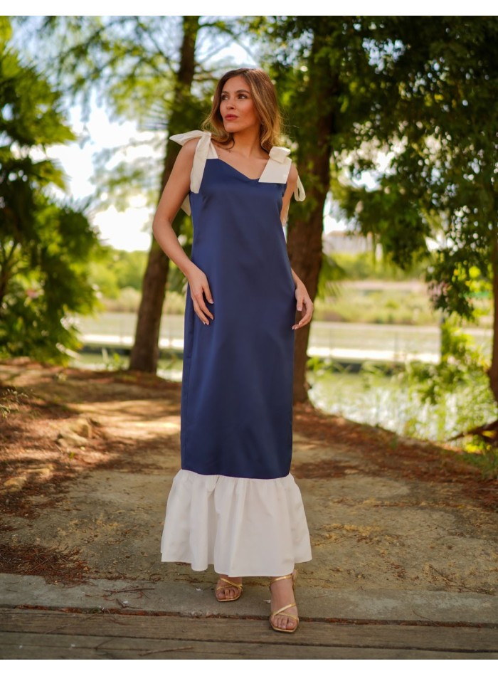 Two-tone navy blue midi dress with bows and ruffles