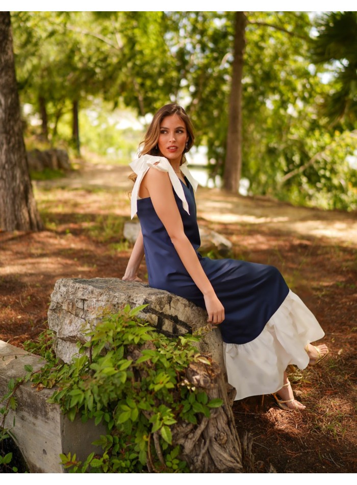 Vestido midi azul marino bicolor