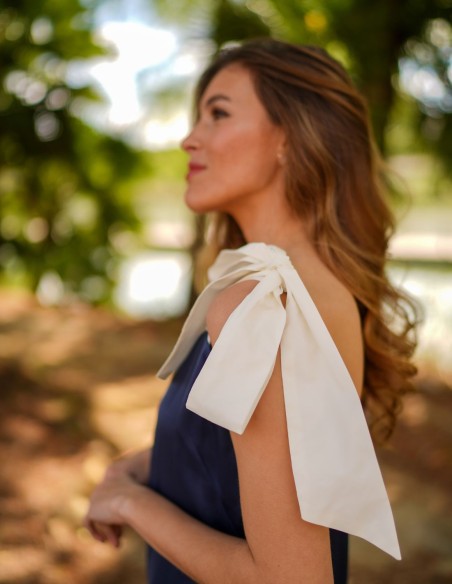 Two-tone navy blue midi dress with bows and ruffles
