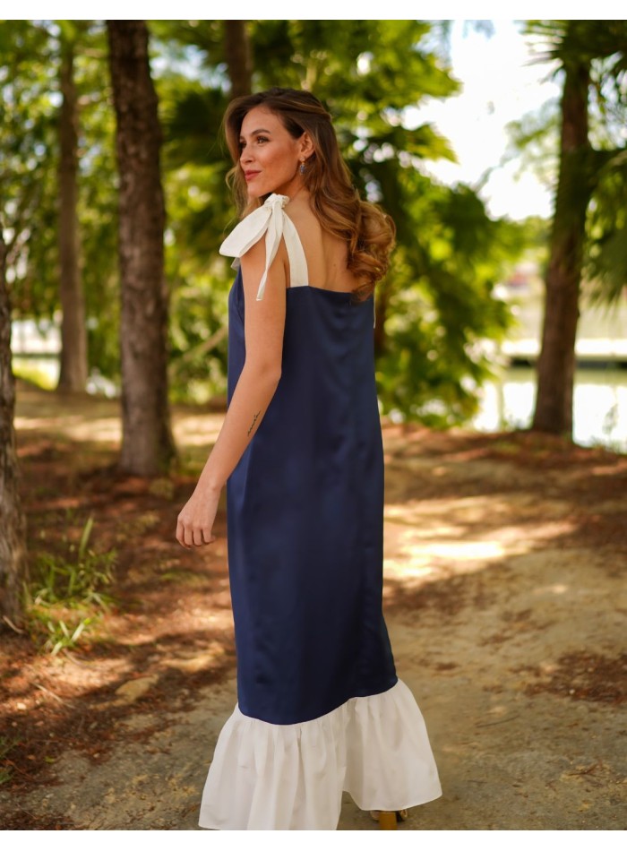 Vestido midi azul marino y blanco