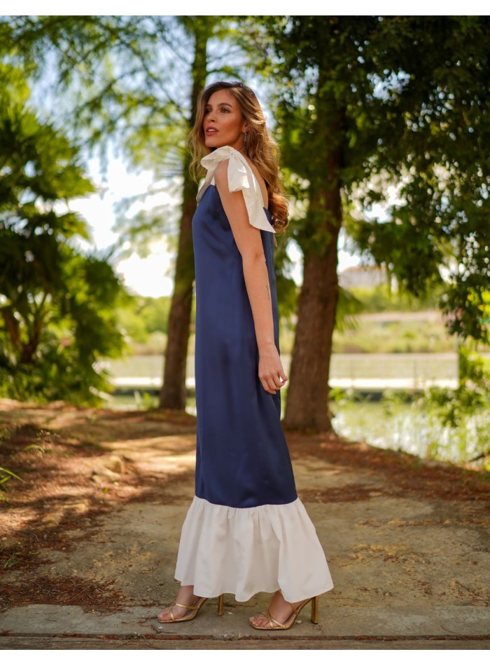 Robe midi bicolore bleu marine avec nœuds et...
