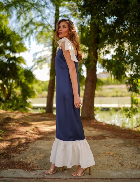 Robe midi bicolore bleu marine avec nœuds et volants