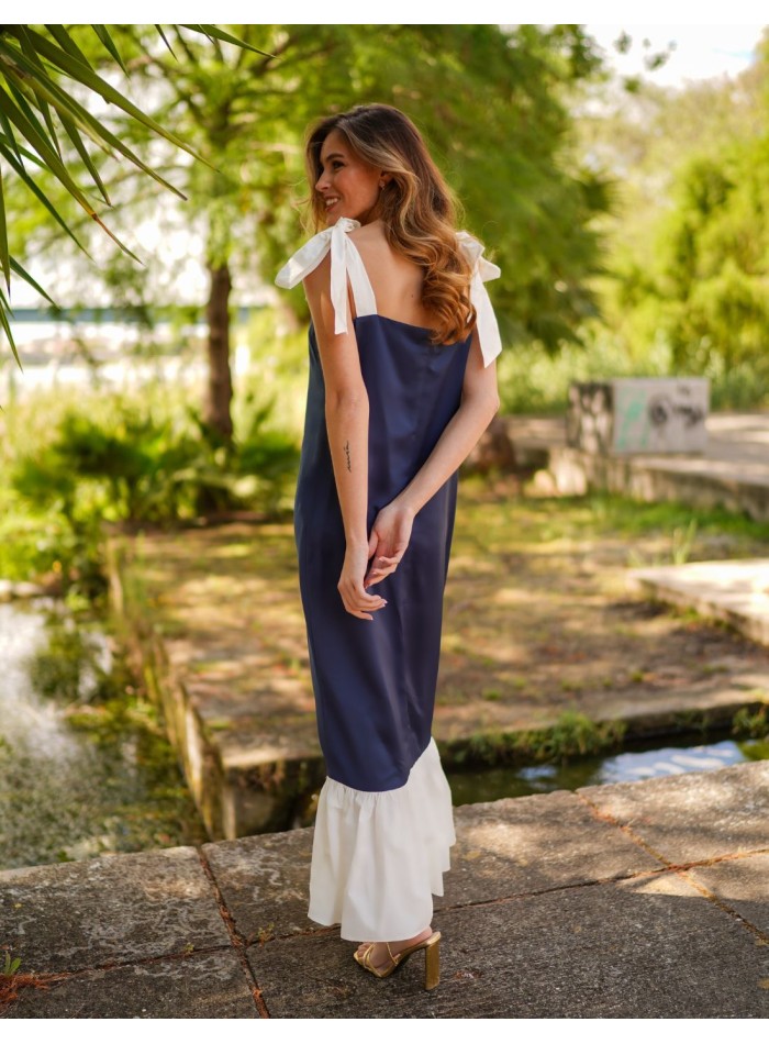 Robe midi bicolore bleu marine avec nœuds et...
