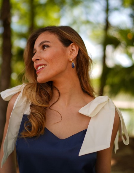 Two-tone navy blue midi dress with bows and ruffles