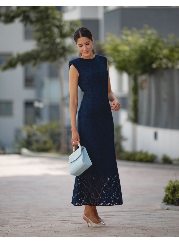 Navy blue midi dress with shoulder pads