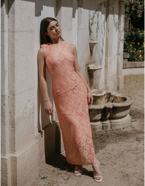 Robe midi corail avec épaulettes et tissu découpé 2