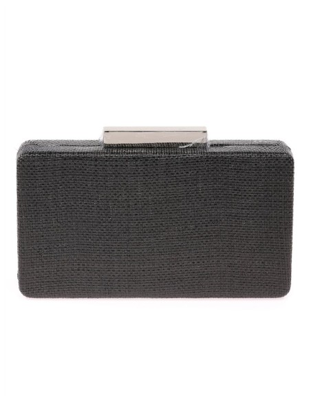 Bolso de rafia para invitada rectangular en color negro con cierre plateado