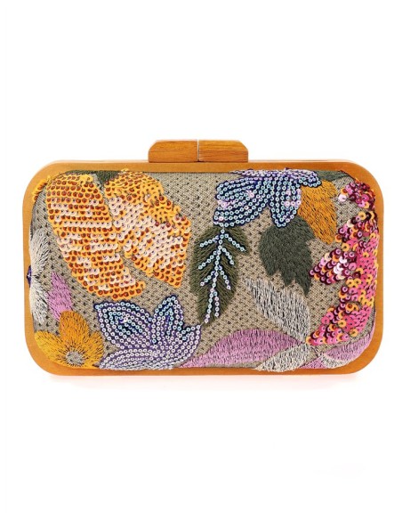 Bolso de mano con pedrería floral cosida a mano con madera Bolso de mano con pedrería floral cosida a mano con madera