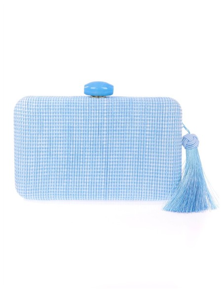 Bolso de mano en azul con efecto rafia, borla artesanal y asa de hombro en cadena. Un accesorio elegante para celebraciones. Bolso de mano en azul con efecto rafia, borla artesanal y asa de hombro en cadena. Un accesorio elegante para celebraciones.