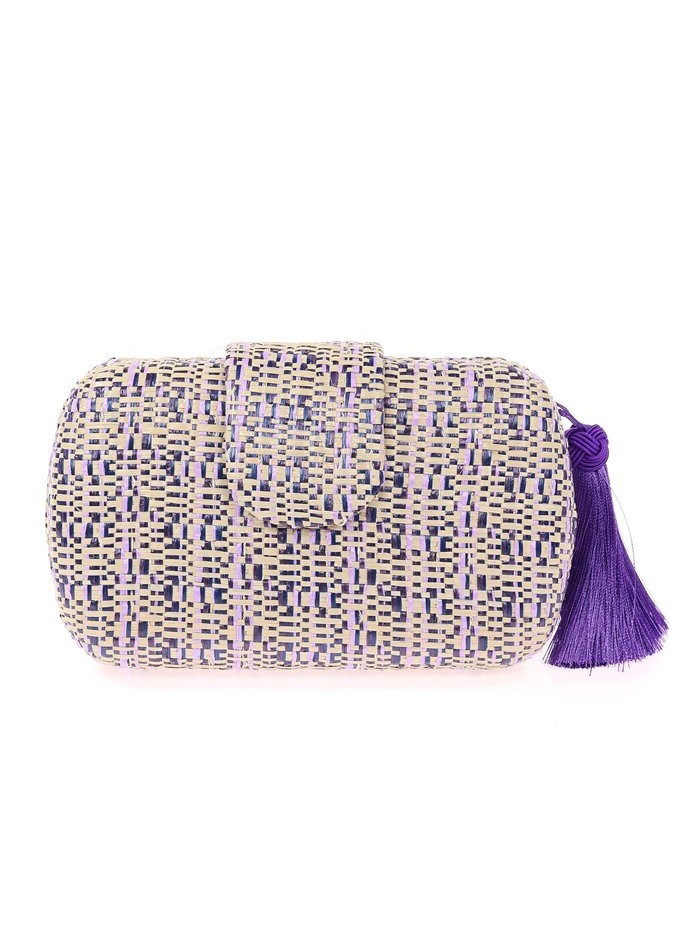 Bolso de fiesta ovalado de rafia trenzada con borla en color morado