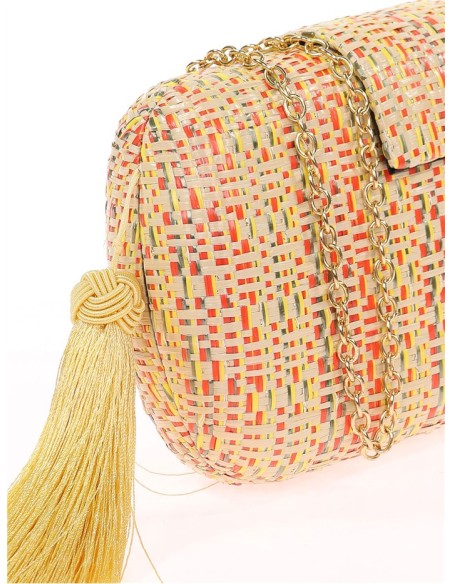 Oval party bag in braided raffia with tassel