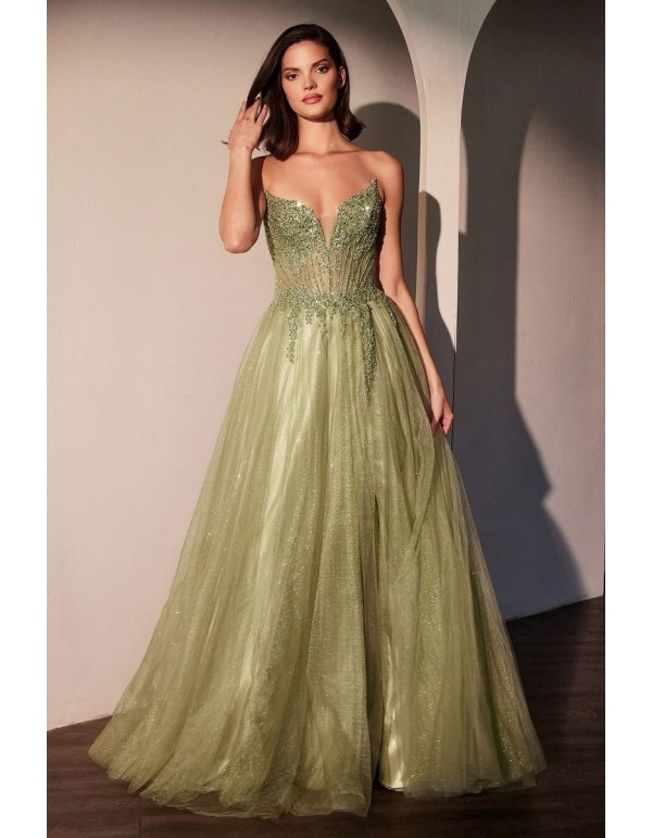 Long ball gown with rhinestone strapless bodice and tulle...