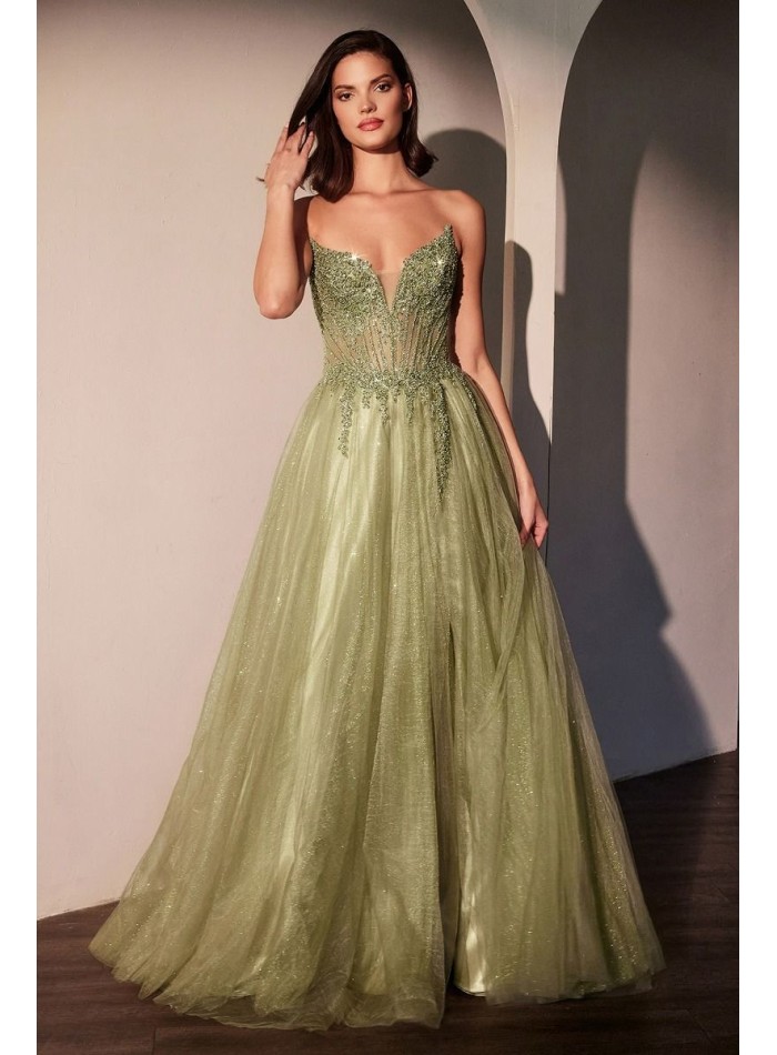 Robe de soirée longue avec corsage sans bretelles en strass et jupe en tulle