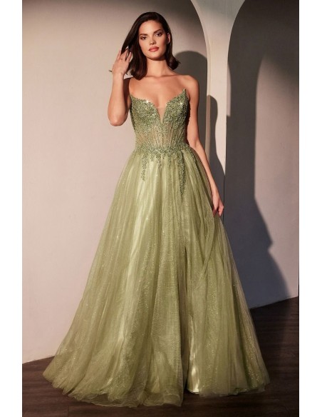 Long ball gown with rhinestone strapless bodice and tulle skirt