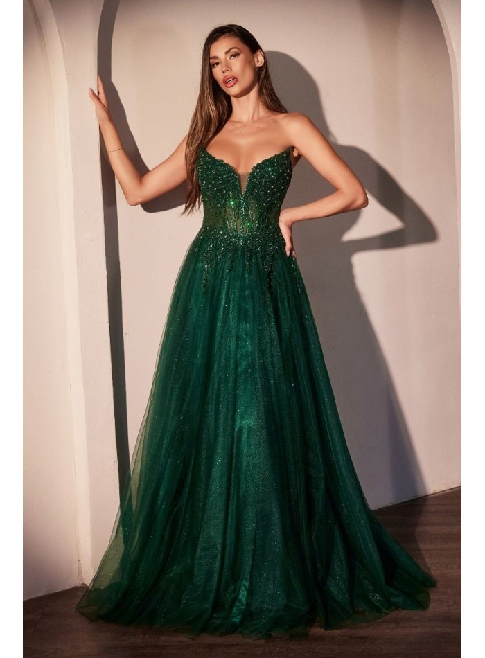 Robe de soirée longue avec corsage sans bretelles en strass et jupe en tulle