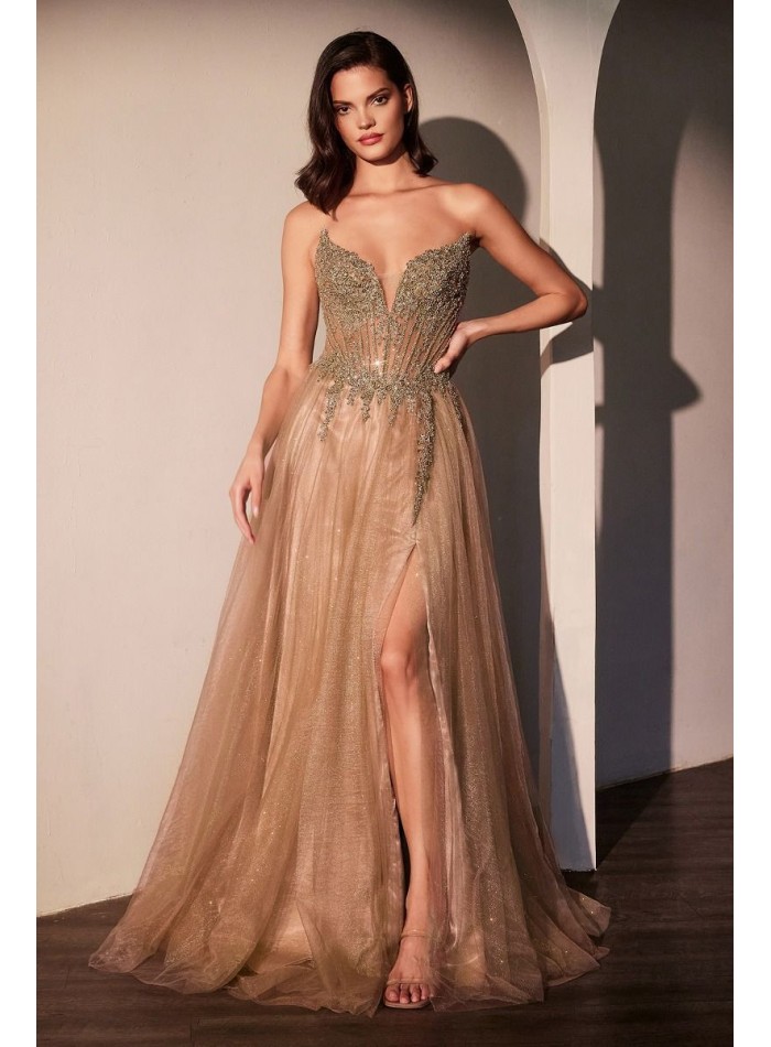 Robe de soirée longue avec corsage sans bretelles en strass et jupe en tulle