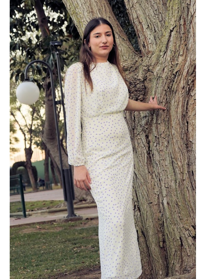 Vestido midi para invitada con una manga y estampado de lunares