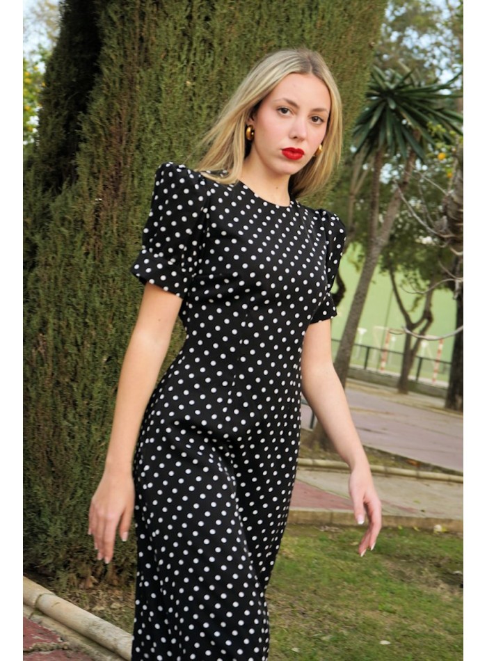 Vestido de lunares manga corta negro midi