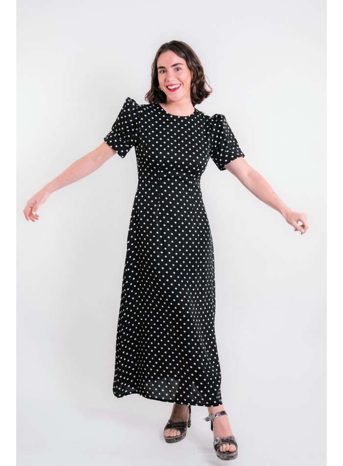Vestido Abotonado Con Cuello En V Y Manga Corta Con Lunares Para Mujer